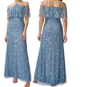Aidan Mattox Blue Silver Beaded Sequin Off the Shoulder Halter Gown Size 2 NEW